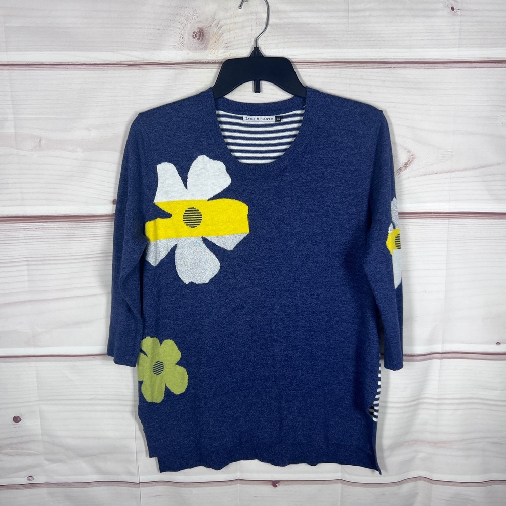 Zaket & Plover Sweater Womens XS Blue Floral Striped Cotton Silk Knit Pullover